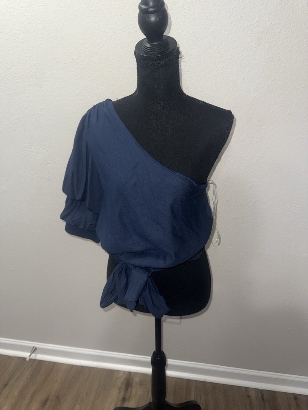 DO+BE One Shoulder Puff Sleeve Asymmetrical Tie Waist Top Navy Blue Size M